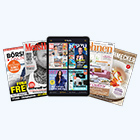 Schwarzes Tablet mit vier unterschiedlichen Magazinen auf dem Bildschirm. Rechts und links vom Tablet befindet sich jeweils zwei Zeitschriften.
