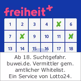 Ein weißes Zahlenfeld auf dunkelblauen Hintergrund. Oberhalb befindet sich das rote freiheit+ Logo und am unteren Bildrand der Suchthinweis "Ab. 18. Suchtgefahr. buwei.de. Vermittler gemäß amtlicher Whitelist. Ein Service von Lotto24"