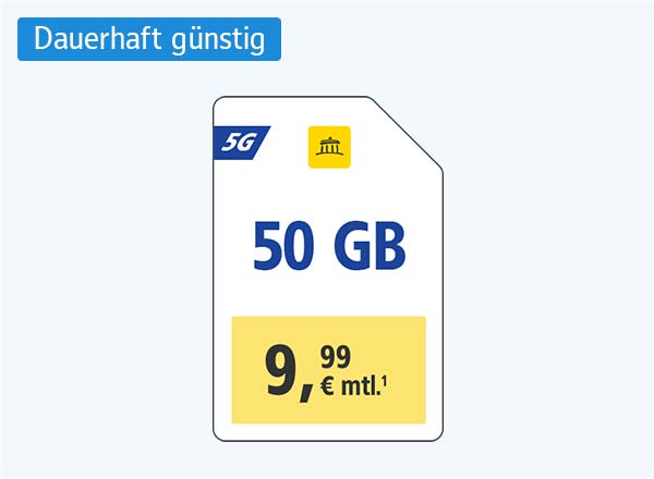 SIM-Karte mit 50 GB Datenvolumen für 9,99 Euro monatlich, beworben als dauerhaft günstig