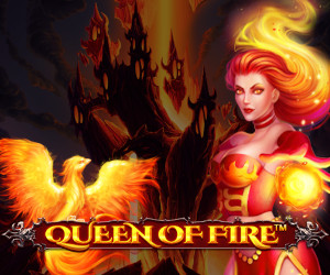 Die Queen of Fire mit einem Phönix vor einer brennenden Burg