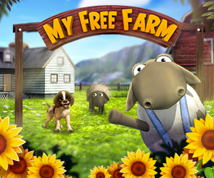 My Free Farm Event Teaser Bild Ein Schaf winkt. Mehrere weitere Schafe und ein süßer Hund stehen auf einer grünen Wiese einer Farm zwischen den Farmgebäuden